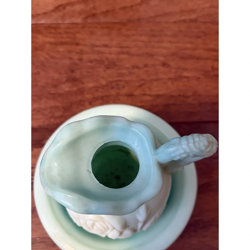 Vintage Avon Green/blue Victorian Slag Glass Rose Bath Oil‎ Pitcher & Basin Bowl